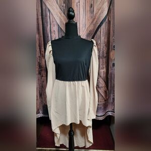 SHEIN Two Tone (Khaki/Black) Puff Sleeve High Low (Size Large) Top
